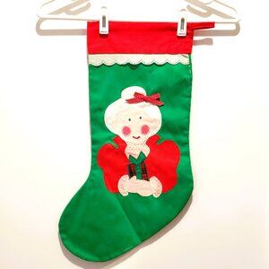 Large Christmas Stocking Mrs. Claus Applique Green Red White 20"
